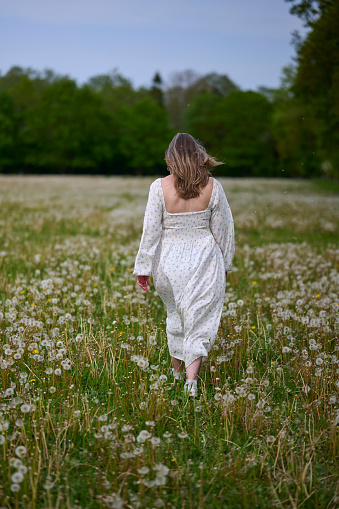 Woman in summer dress walking away from camera outdoors