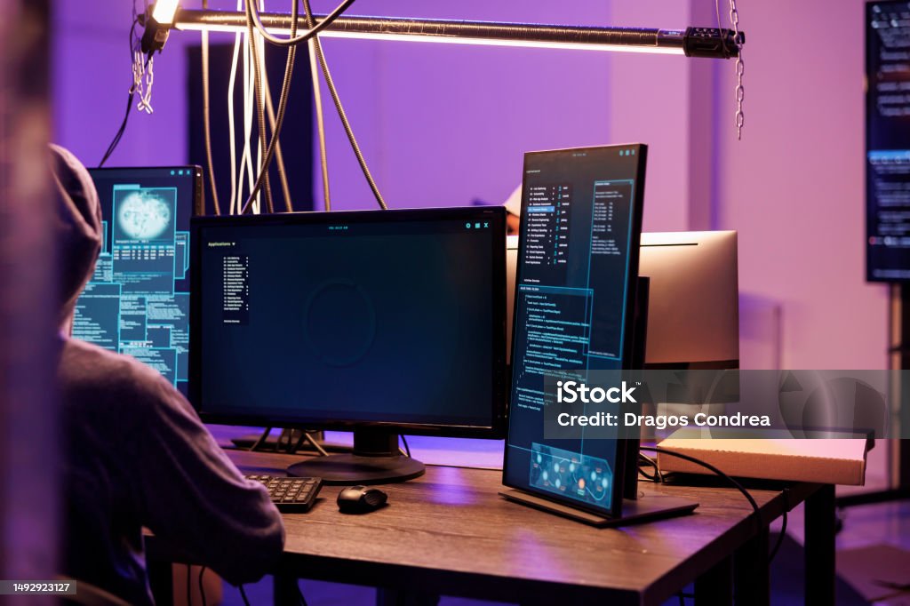 Hacker Running Malware Code On Screen Stock Photo - Download Image Now ...