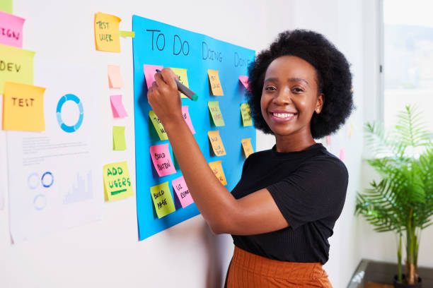 istock Black woman scrummaster writes on KANBAN board with ticket backlog, sprint plan 1492923379