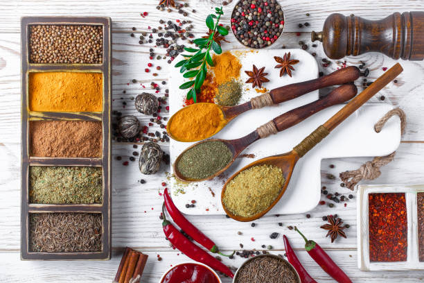 istock Spices and seasoning on old background. 1492923858