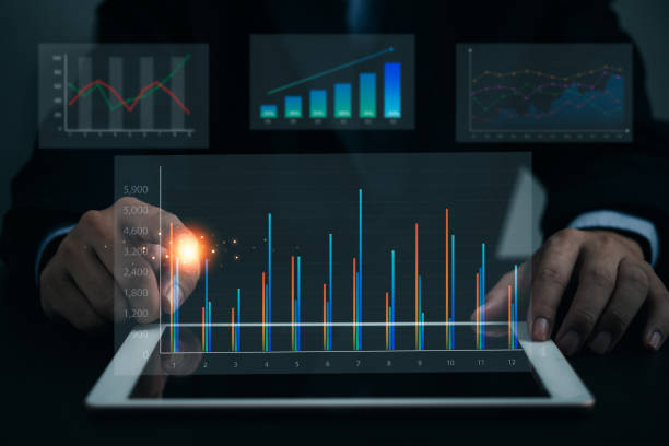 ビジネス分析ビッグデータ画面と経済成長と財務グラフ。デジタルタブレットマーケティング計画、仮想ダッシュボード技術の視覚化の投資コンセプト。 - growth plan graph digital tablet ストックフォトと画像