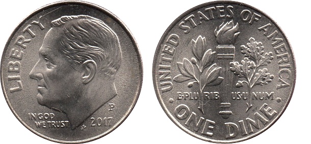 Obverse\nThe portrait of Franklin D. Roosevelt facing left, the 32nd President of the United States from 1933 to his death in 1945, accompanied by the motto: \