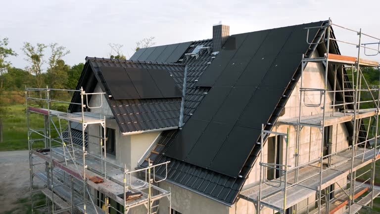 Construction site of a sustainable single family house with solar panels