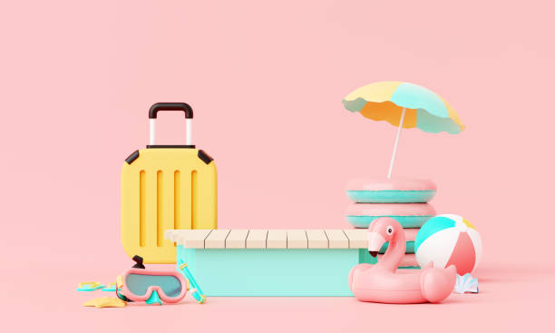 istock Summer pink vacation beach with Flamingo inflatable ring background concept, Minimal Realistic Display Podium for Product mock-up or Cosmetics with summer pink theme, inflatable ring. 3d rendering 1492927136