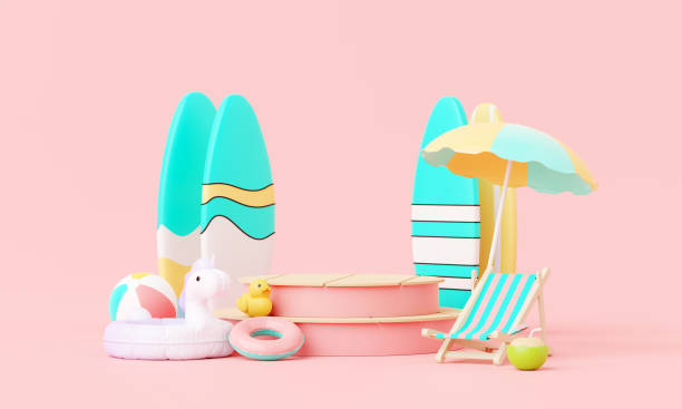 istock Summer pink vacation beach with Flamingo inflatable ring background concept, Minimal Realistic Display Podium for Product mock-up or Cosmetics with summer pink theme, inflatable ring. 3d rendering 1492927142