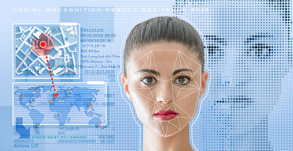 Woman with facial recognition technology concept GUI for authentication