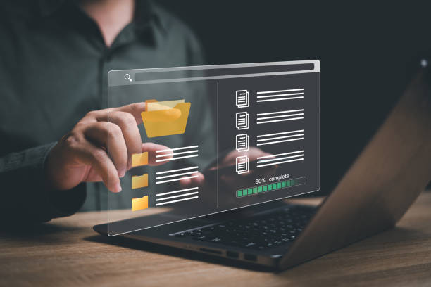 istock Document management and data with search system concept, Businessman use smartphone searching data virtual folders and management data icon online archives digital operation system cybersecurity 1492927831