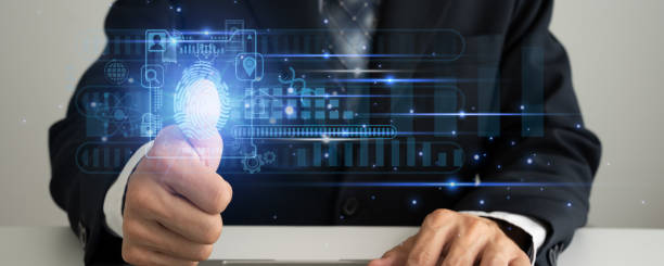 istock Id fingerprint web protection and security interface, modern male use fingerprint to access personal financial data Idea for e-KYC, biometric security, innovative technology ,digital cybercrime. 1492928215