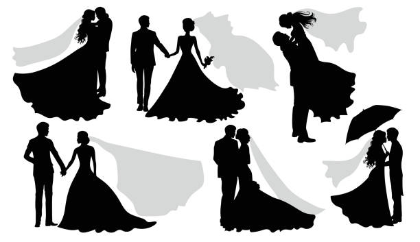 illustrations, cliparts, dessins animés et icônes de silhouettes de mariage romantiques d’un couple sur blanc. - cérémonie de mariage