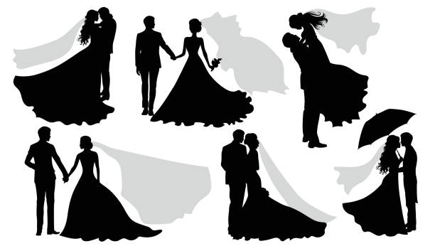 ilustrações de stock, clip art, desenhos animados e ícones de romantic wedding silhouettes of a couple on white. - wedding bride wedding reception silhouette