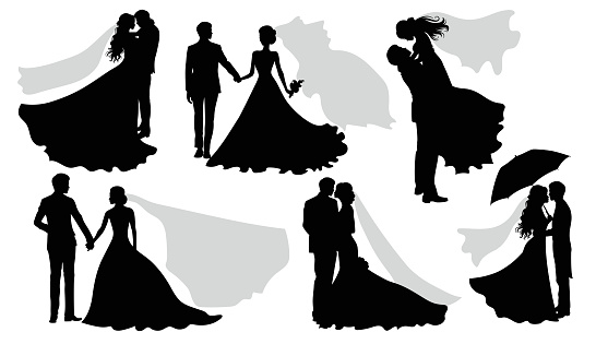 Romantic wedding silhouettes of a couple on white. Set of vector silhouettes of a groom and a bride.Vector illustration.