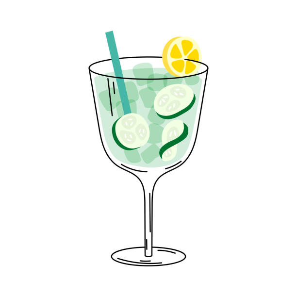 стакан огуречного джина шипучий. летний коктейль - glass water freshness tonic water stock illustrations