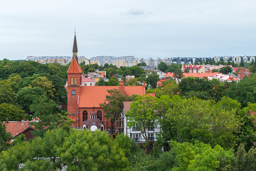 Zelenogradsk aerial photo with the Church of St. Adalbert, now the Transfiguration Cathedral. Kaliningrad Oblast, Russia