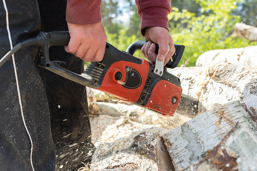 Close-up of the manual electric saw cutting a log for firewood. Mature man uses a chainsaw to cut a log into firewood.