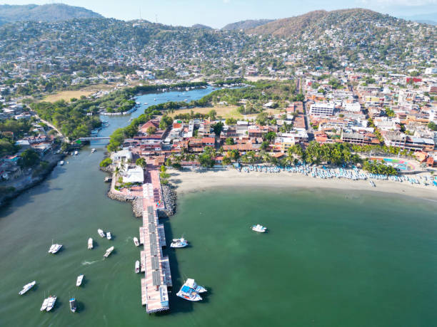 istock Aerial Perspective: Zihuatanejo Pier and Cityscape - Horizontal Drone Shot 1492930098