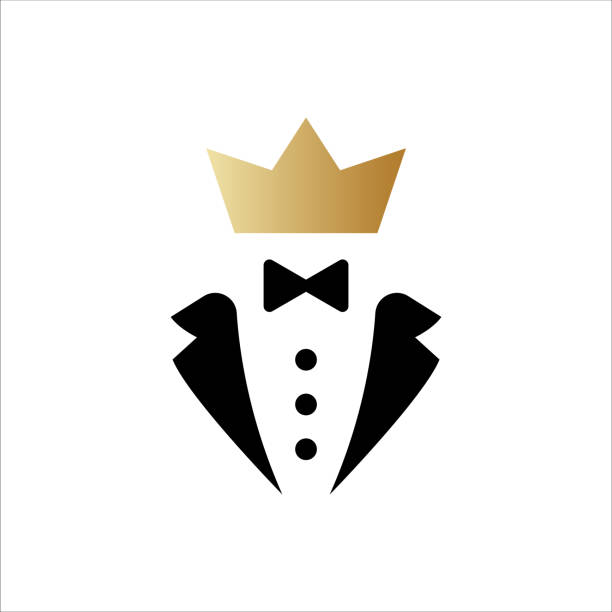 Tuxedo with bow tie with golden crown Tuxedo with bow tie with golden crown. Elegant vip style for gentleman and businessman for creative conferences and vector receptions dinner jacket stock illustrations