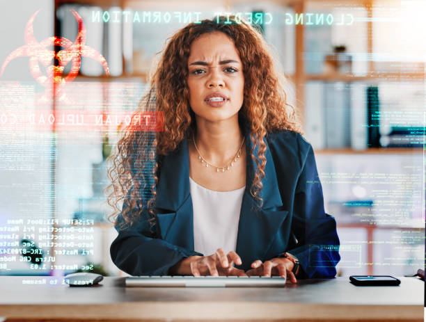 istock Angry businesswoman, computer and virus in cybersecurity, malicious software or application at office desk. Upset female employee by hacked desktop PC, scam or internet fraud and data error glitch 1492934345