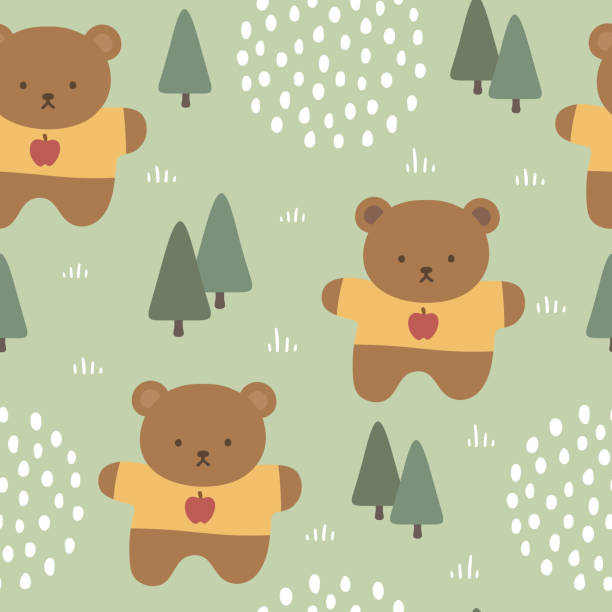ilustraciones, imágenes clip art, dibujos animados e iconos de stock de fondo de patrón sin costuras de oso de peluche - bear teddy bear characters hand drawn