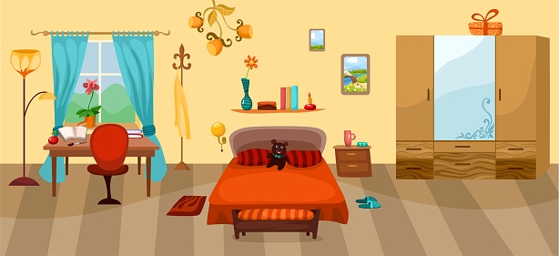 Cartoon Bedroom Design Drawing Stock Illustration - Download Image Now -  Bed - Furniture, Bedding, Bedroom - iStock