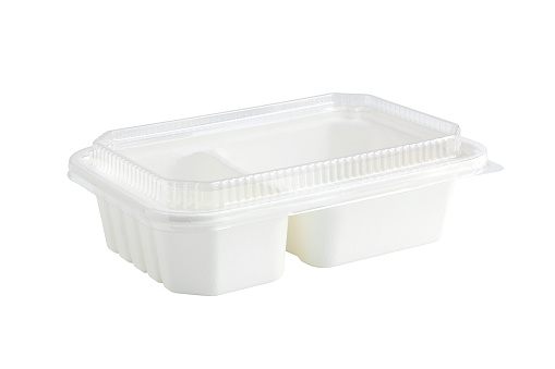 Two Compartments White Paper Lunch Box with Clear Cover isolated on white background with clipping paths