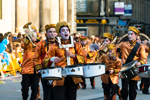 PONTEVEDRA, SPAIN - FEBRUARY 21, 2015: Detail of the participants in the costume parade during the Winter Carnival, through the streets of the city.