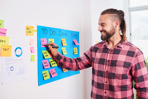 White man with ponytail writes on scrum board for sprint planning, product owner. High quality photo