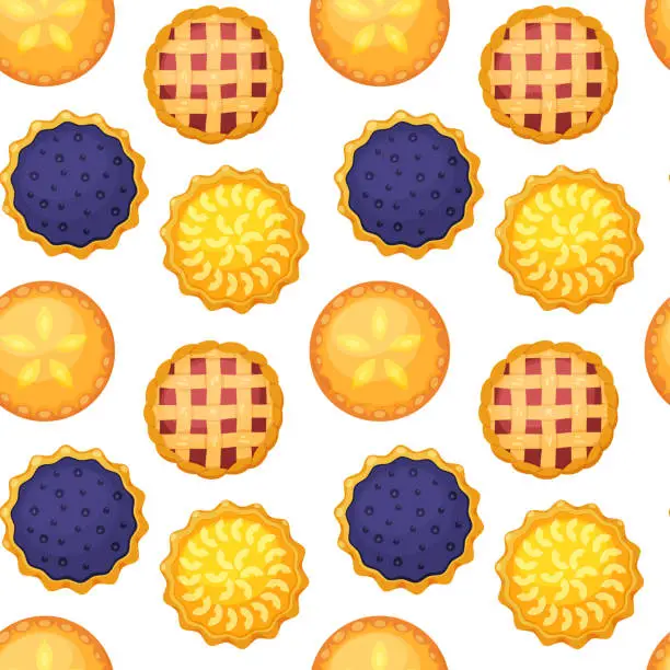 Vector illustration of Seamless pattern with whole homemade pies with lemons, blueberries, apples, strawberries or raspberries