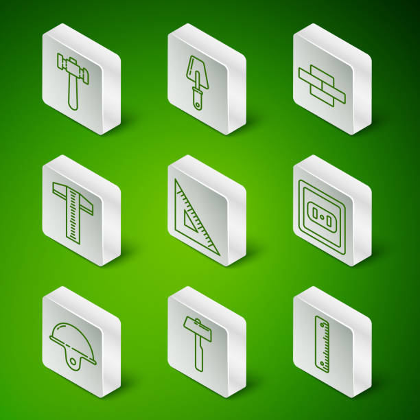 ilustrações de stock, clip art, desenhos animados e ícones de set line ruler, hammer, triangular ruler, t-square line, trowel, worker safety helmet and electrical outlet icon. vector - letter t alphabet three dimensional shape green