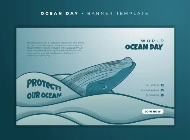 Vector illustration of Banner template with whale in cartoon design and water with paper cut effect for ocean day design