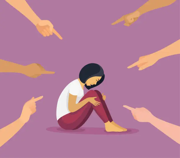 Vector illustration of Blaming you. Asian woman judged by different people pointing fingers at her. Concept of accusation of guilty Asian woman.