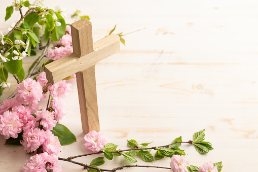 Small wood Christian cross with a branch with green leaves and pink flower blossoms on a white background with copy space