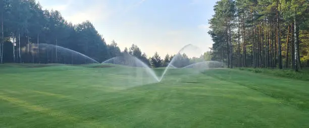 Sprinklers watering system working of green golf course. Watering system for garden herbs