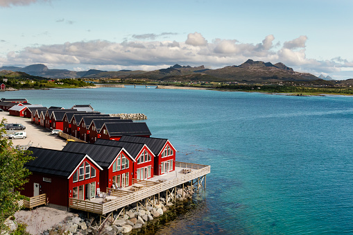 Norwegian coastline in Lofoten with red houses