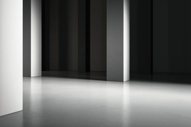 istock Advertisement concept with blank glossy concrete floor for product presentation in sunlit industrial hall area with grey pillars on dark wall background. 3D rendering, mock up 1492944551