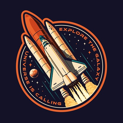 Space shuttle vintage sticker colorful with flying rocket for design books about galactic travel and scientific research missions vector illustration