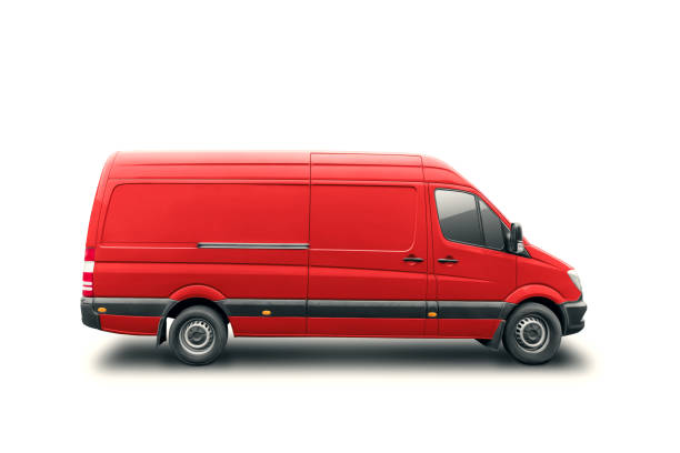 Red van isolated on white background. Worldwide delivery concept, new technologies, moving. 3D illustration, 3D render.