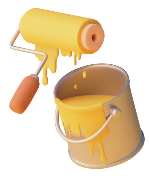Vector icon. Paint can and paint roller Vector icon. Paint can and paint roller. Wall painting with yellow paint in bucket. Roller brush dripping house painting service stock illustrations