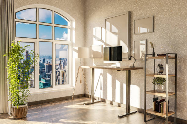istock modern standing desk pc workplace in daylight downtown skyline office; home decoration desing and home office concept; 3D Illustration 1492947588