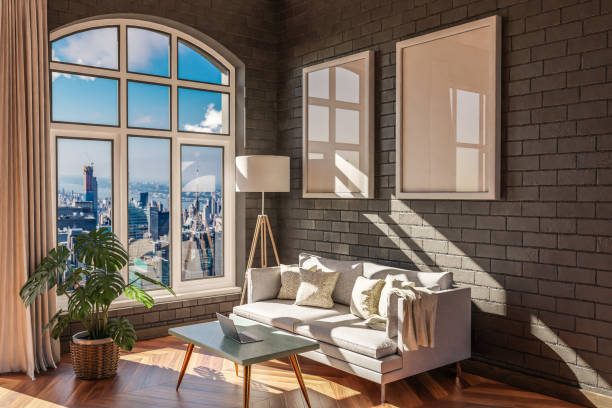 istock luxurious loft apartment with arched window and panoramic view over urban downtown; noble interior living room design mock up; 3D Illustration 1492947681