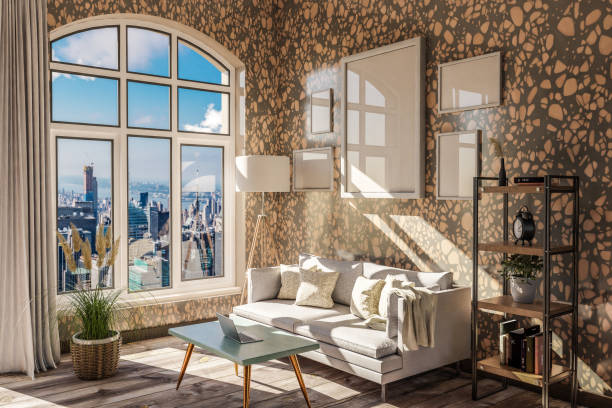 istock luxurious loft apartment with arched window and panoramic view over urban downtown; noble interior living room design mock up; 3D Illustration 1492947699