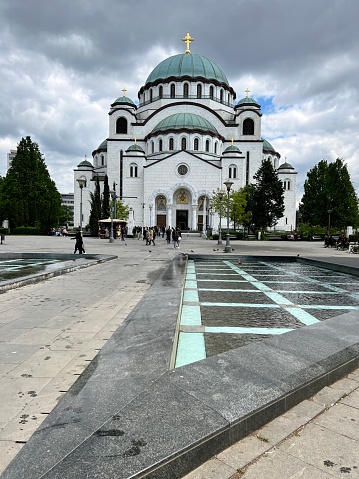 Belgrade, Serbia - April 27, 2023: Church of Saint Sava with people outside