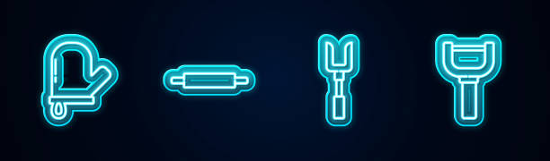 set line oven glove, rolling pin, barbecue fork and peeler. glowing neon icon. vector - rolling fork 幅插畫檔、美工圖案、卡通及圖標
