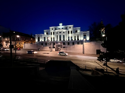 Belgrade, Serbia - April 27, 2023:  French Embassy in Serbia at night
