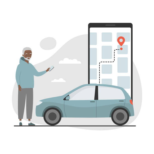 Senior man with smartphone ordering car in mobile application. Carsharing service. Flat cartoon style. Vector illustration car side decals stock illustrations