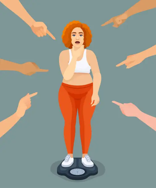 Vector illustration of Many fingers pointing at fat woman. Fat shaming or body shaming.