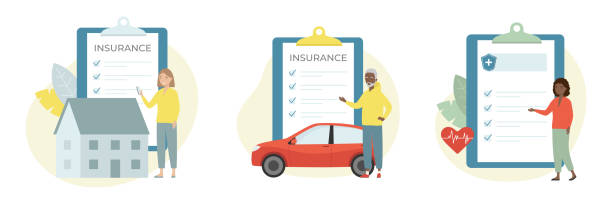 Car, health and house property insurance. Medicine and healthcare, home and car safety concept. Isolated vector illustration car side decals stock illustrations