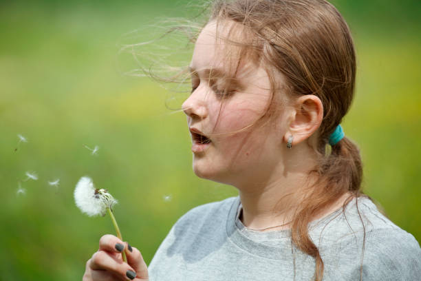 Young girl blowing a dandelion on green meadow
