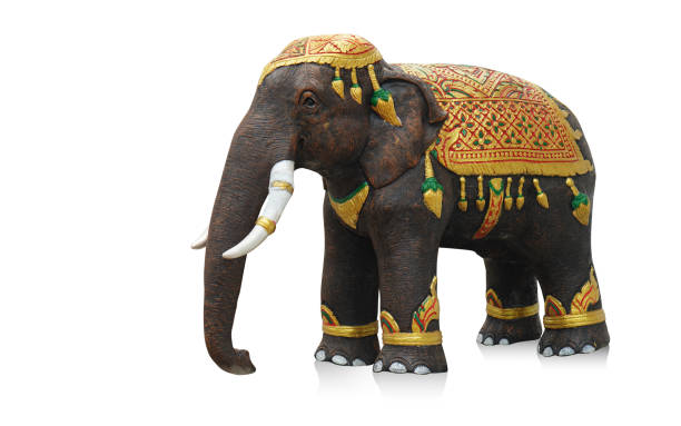 side view brown and black elephant wooden sculpture on white background, object, animal, gift, decor, fashion, copy space