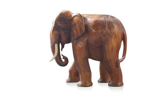 side right view brown elephant wooden sculpture on white background, object, animal, gift, decor, fashion, copy space