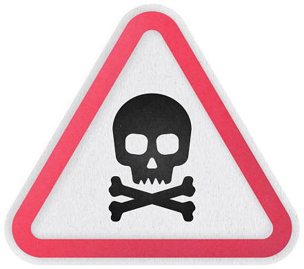 Triangular red Warning Hazard Symbol, vector illustration. Skull danger sign